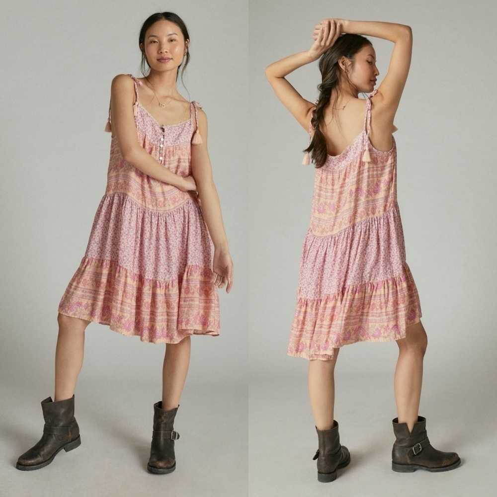 Lucky Brand Womens Tiered Dress L Pink Mixed‎ Print Tie Shoulder Floral Flowy
